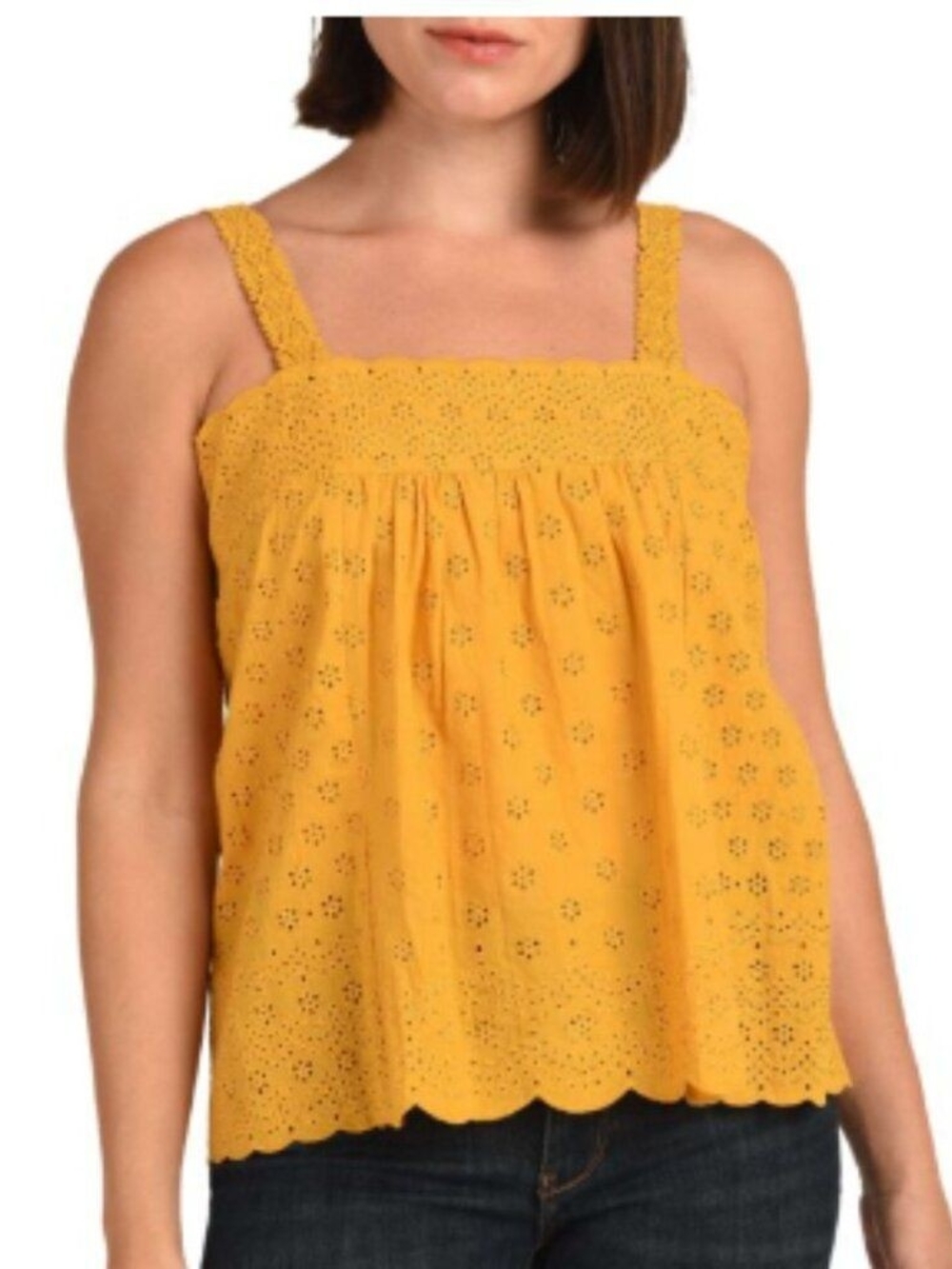 Daniel Rainn Mustard Eyelet Square-Neck Tank Top. Medium.